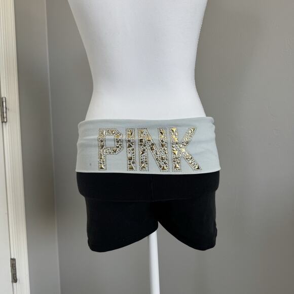 Y2K Victoria Secret Pink Yoga Foldover Micro Mini Shorts Gold Embellished Sz M - Picture 1 of 7